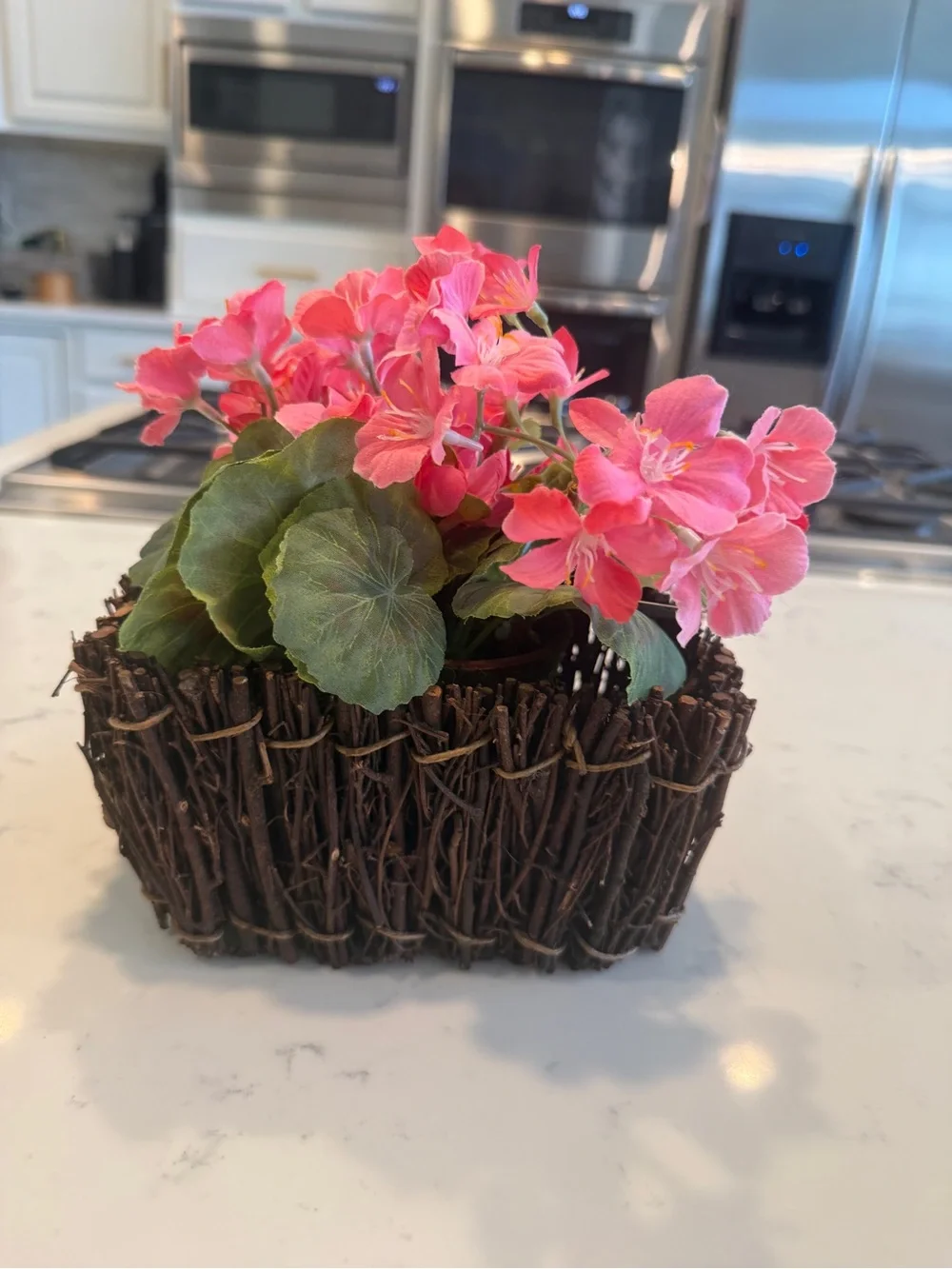 A.T. Imports Faux Pink Geranium Floral Arrangement Twig Basket Cottagecore